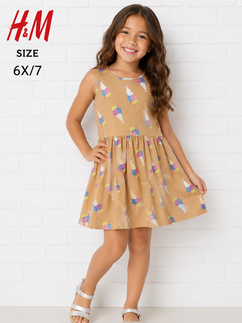 H&M Girls Ice Cream Print Sleeveless Cotton Dress Size 6X/7 Tan Summer